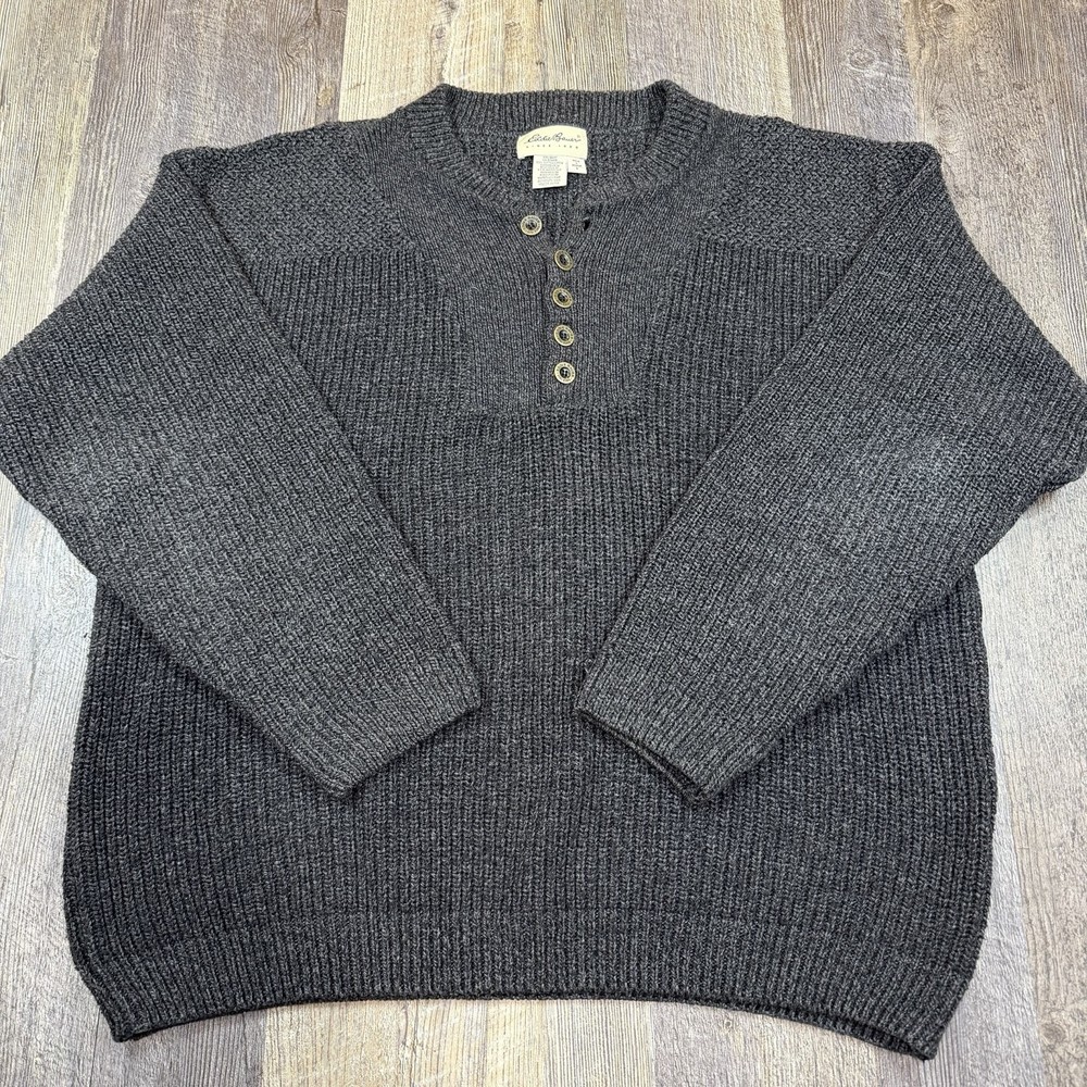 Vintage Eddie Bauer Henley Sweater Mens Large Gray Chunky Rib Knit Button Neck