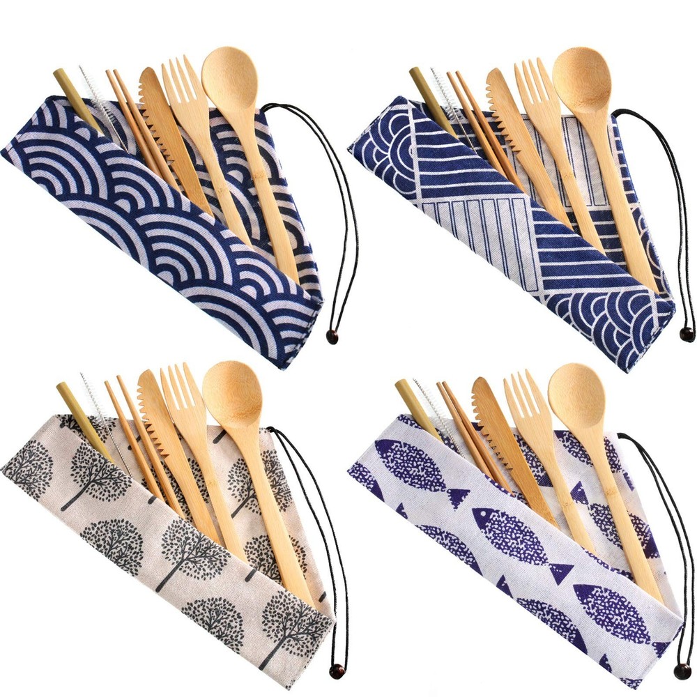 Boao 4 Sets Bamboo Utensils Wooden Utensils Set Reusable Cutlery Travel Chops...