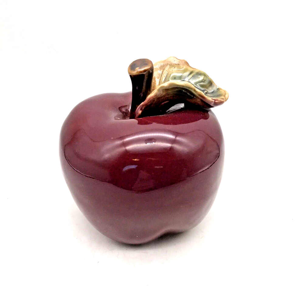 Ceramic Apple Figurine Red Glazed Green Leaf Brown Stem Teacher Paperweight