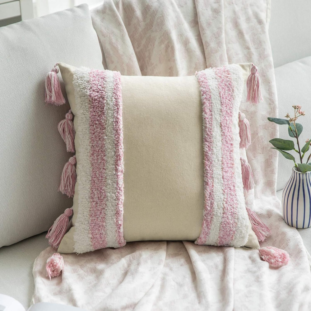 Boho Decorative Throw Pillow Cover Tufted Woven Tribal Pillowcase with Tassels F