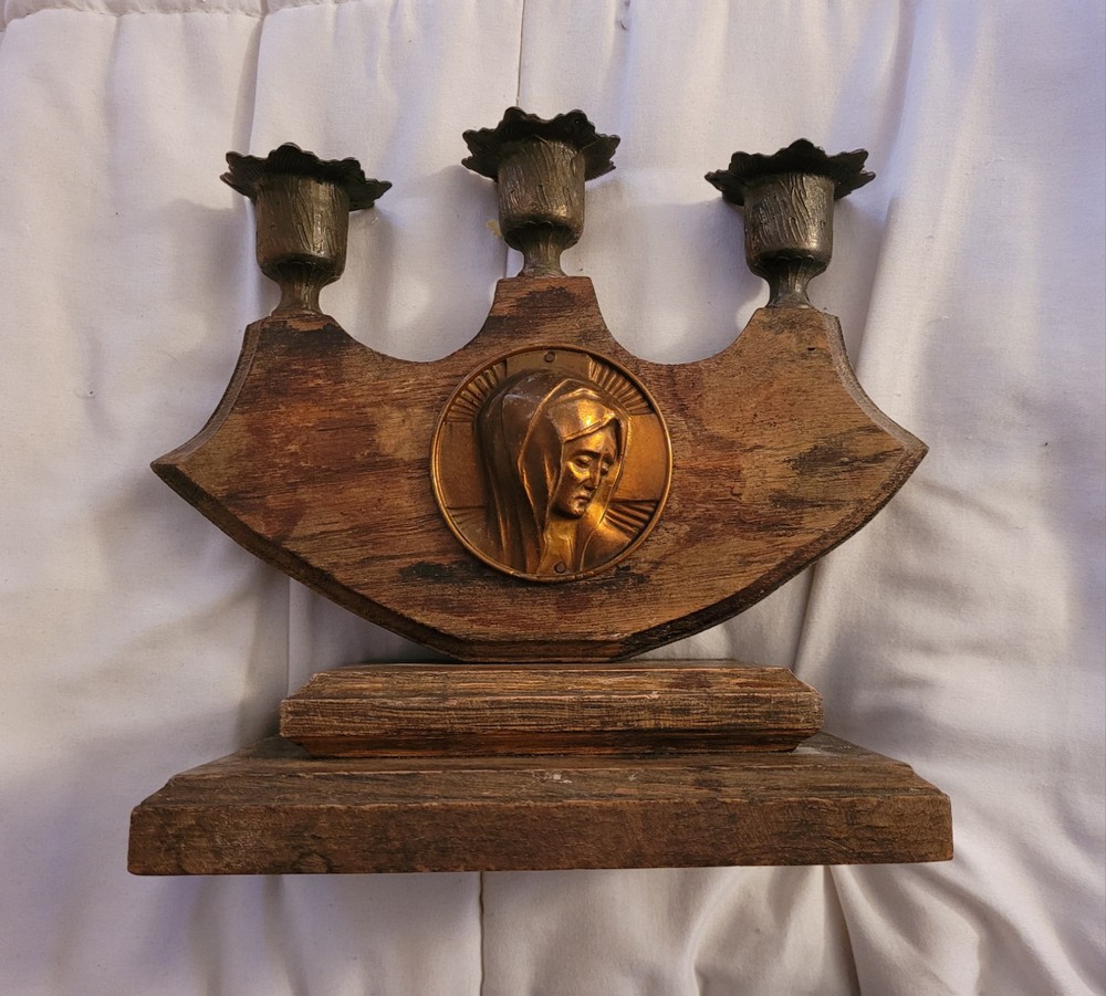 Vintage Virgin Mary Candle Holder Holds 3 Candles Brass Wood Catholic Christian