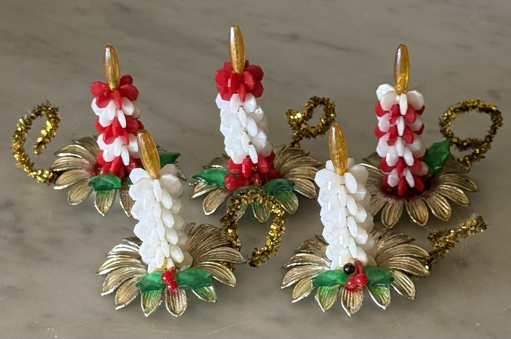 Vintage 1960s Hand-Beaded Candle Christmas Decorations - Set of 5