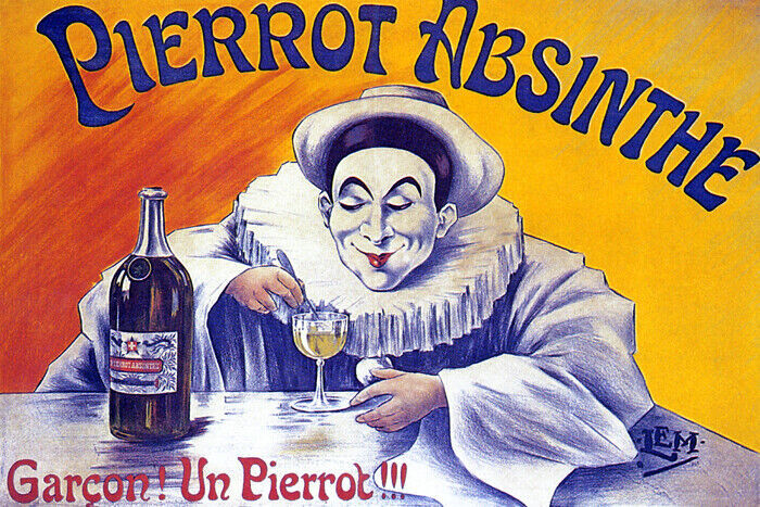 PIERROT ABSINTHE GARÇON UN PIERROT CLOWN DRINK FRENCH VINTAGE POSTER REPRO-image