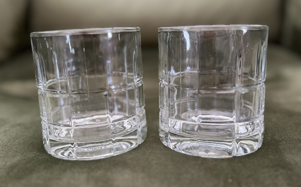 2 Anchor Hocking Tartan Clear Manchester Plaid 8oz Low Ball Rocks Glasses MCM