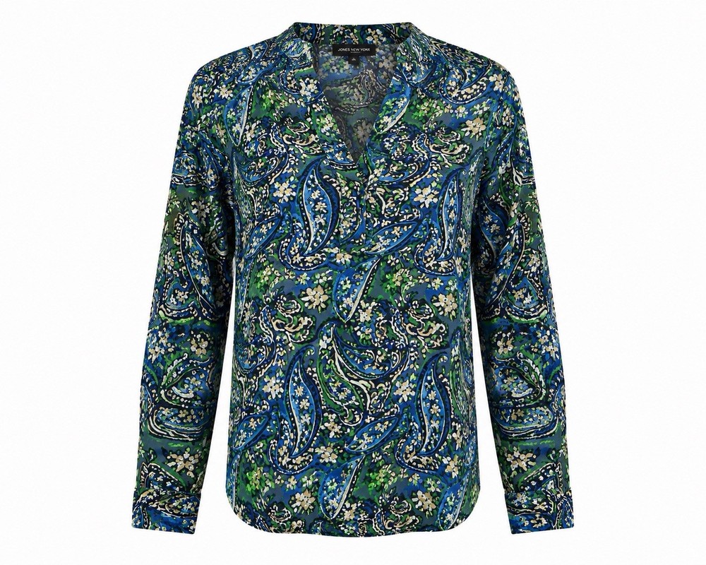 Jones New York Paisley Floral Blouse Blue Green Long Sleeve Split Neck Top Sz L