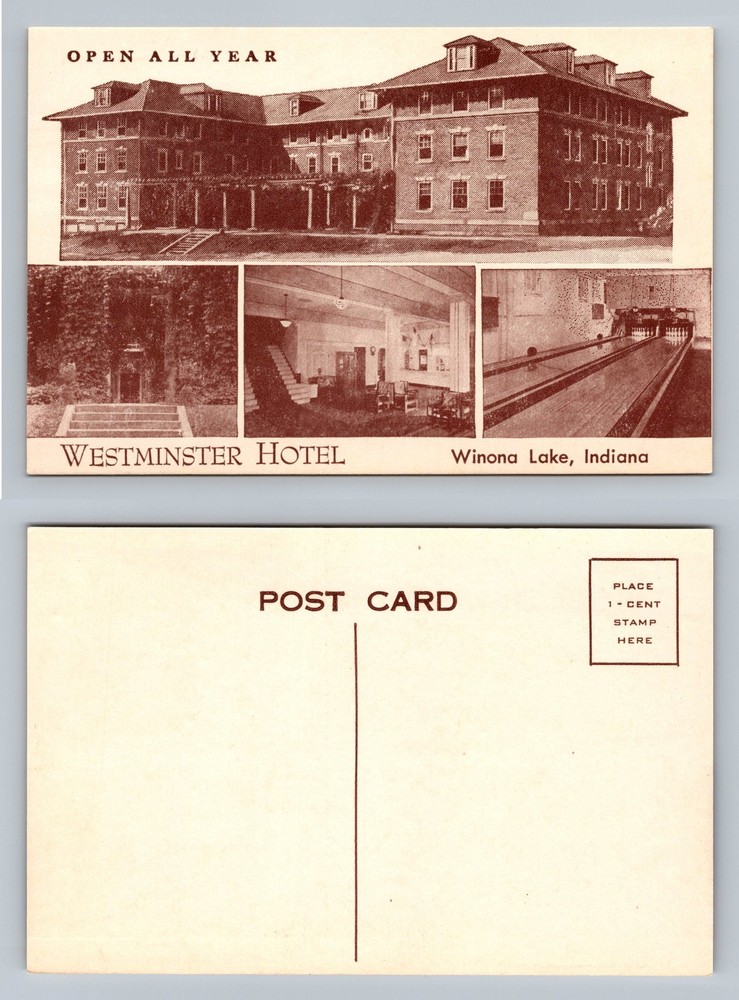 Winona Lake, IN-Indiana Westminster Hotel Exterior Bowling View Vintage Postcard