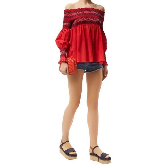 Maje Lezky Off The Shoulder Red Embroidered Smocked Top large boho festival 3
