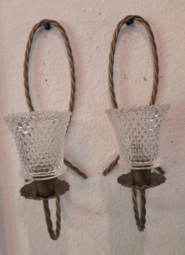 Vtg Homco Gold Twisted Metal Rope Candle Wall Sconces With Hobnail Cups Set of 2
