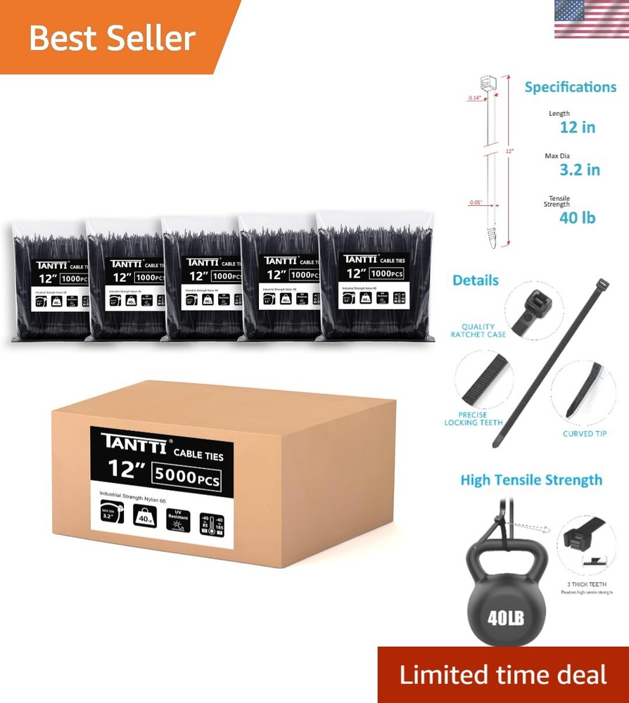 12-Inch Black Heavy-Duty Zip Ties 5000 Pack 40lb Self-Locking Cable Ties