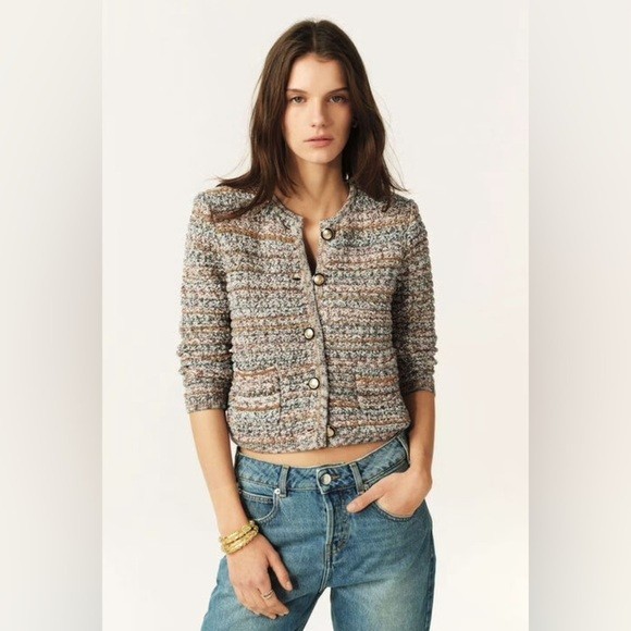 NEW ba&sh Bash Guspa Multicolor Tweed Cardigan Jacket Pink Blue