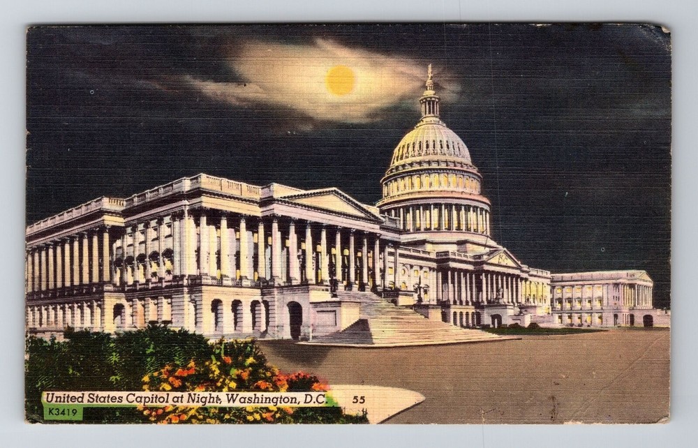 Washington D.C-United States Capitol at Night, Vintage Postcard