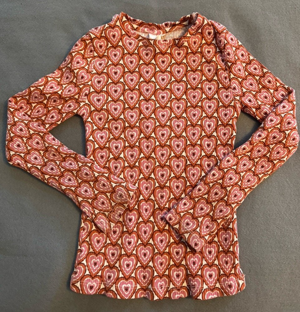 ZARA KIDS Girl's Ribbed Heart Pattern Long Sleeve Top Pink Rust, Size 7