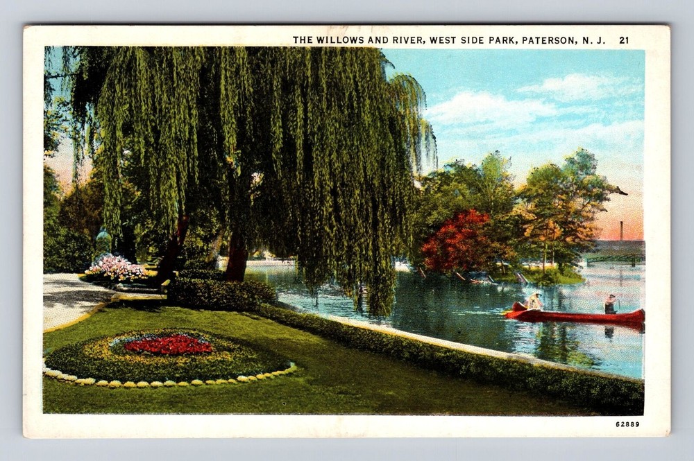 Paterson NJ-New Jersey, West Side Park, Willows & River, Vintage Postcard