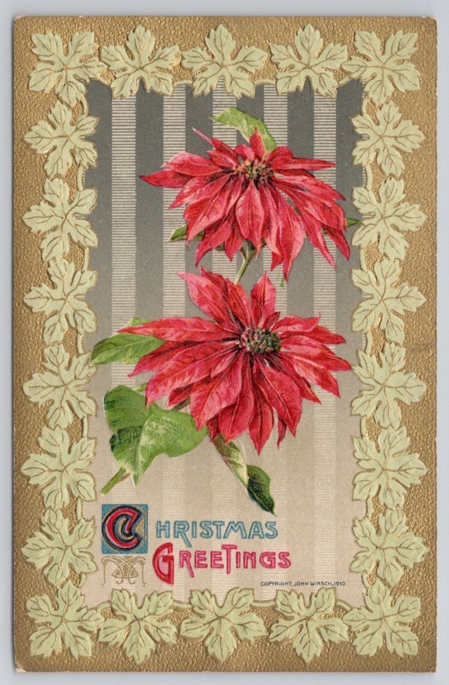 1910 Embossed Poinsettia Christmas Greetings Postcard Tonawanda NY Postmark