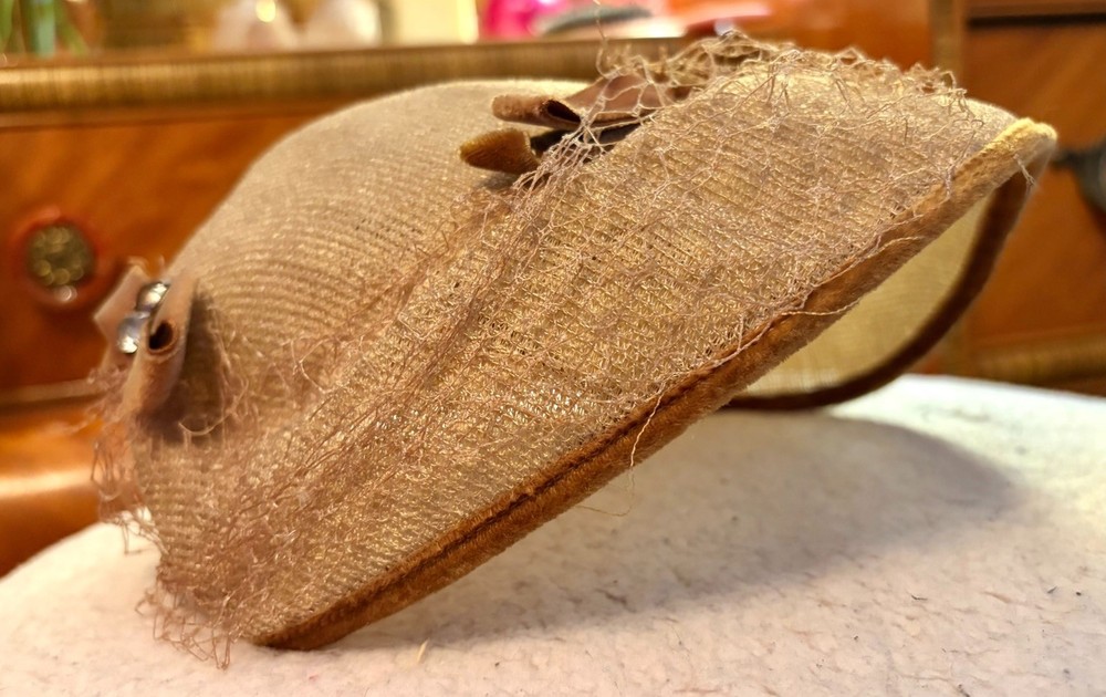 Vintage 1950s Beige & Brown Woven Cap Hat Rhinestones & Netting & Bows