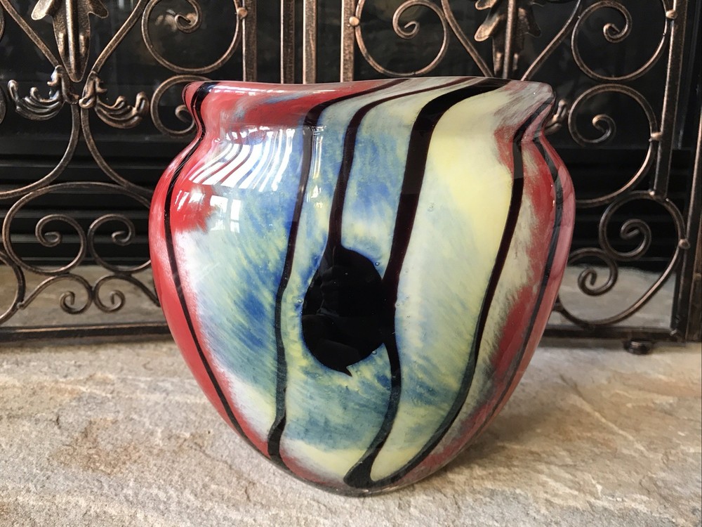 Multicolored Heavy Thick Art Glass Vase with Abstract Swirl Stripes in Red Blue Cream-image
