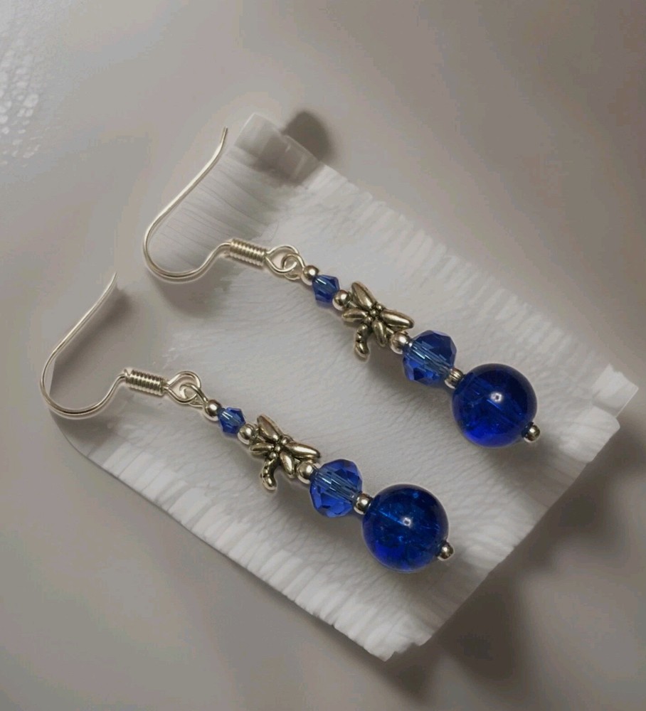 Blue Dragonfly Glass Dangle Earrings in Silver Plate