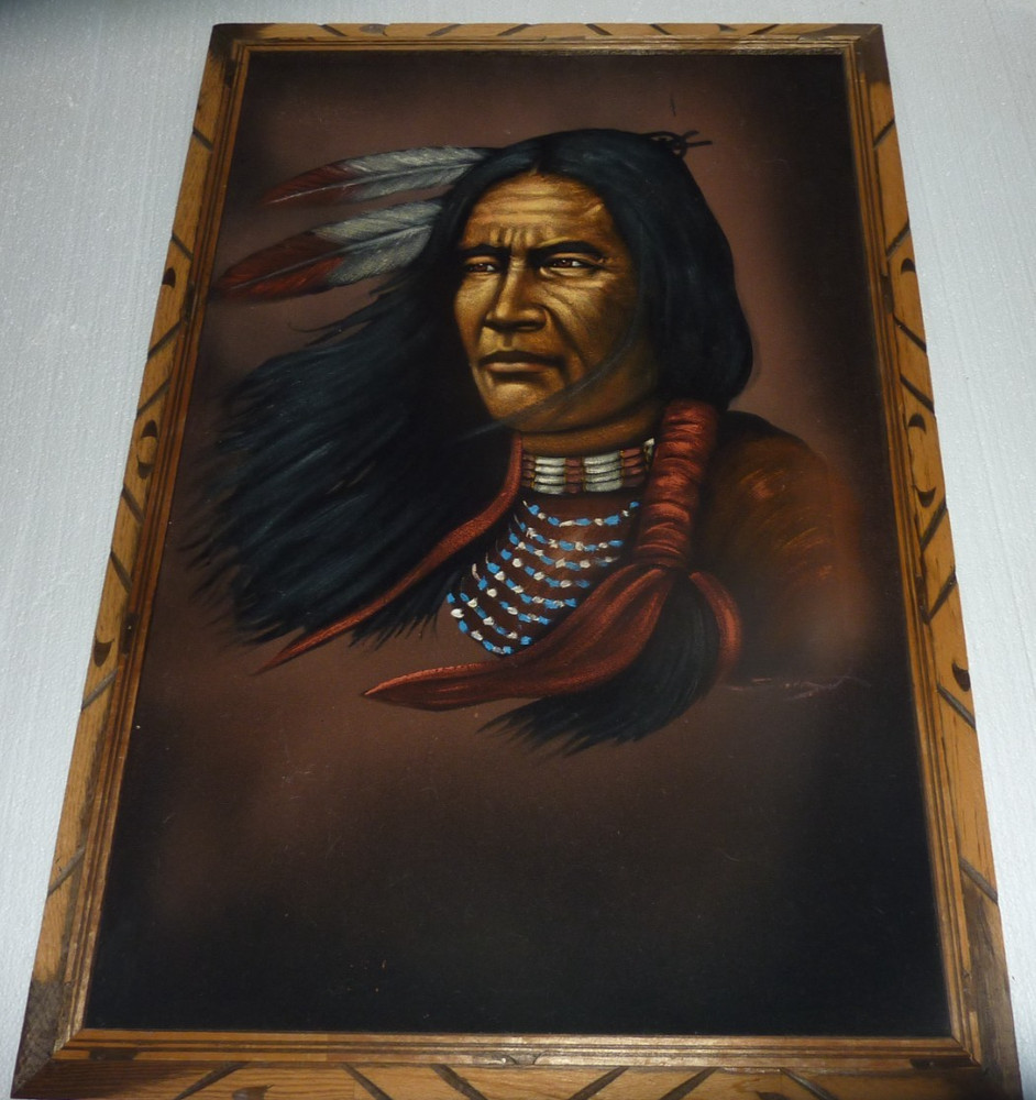 Vtg Large  Velvet Native American Man Painting Wooden Frame Mexico 39
