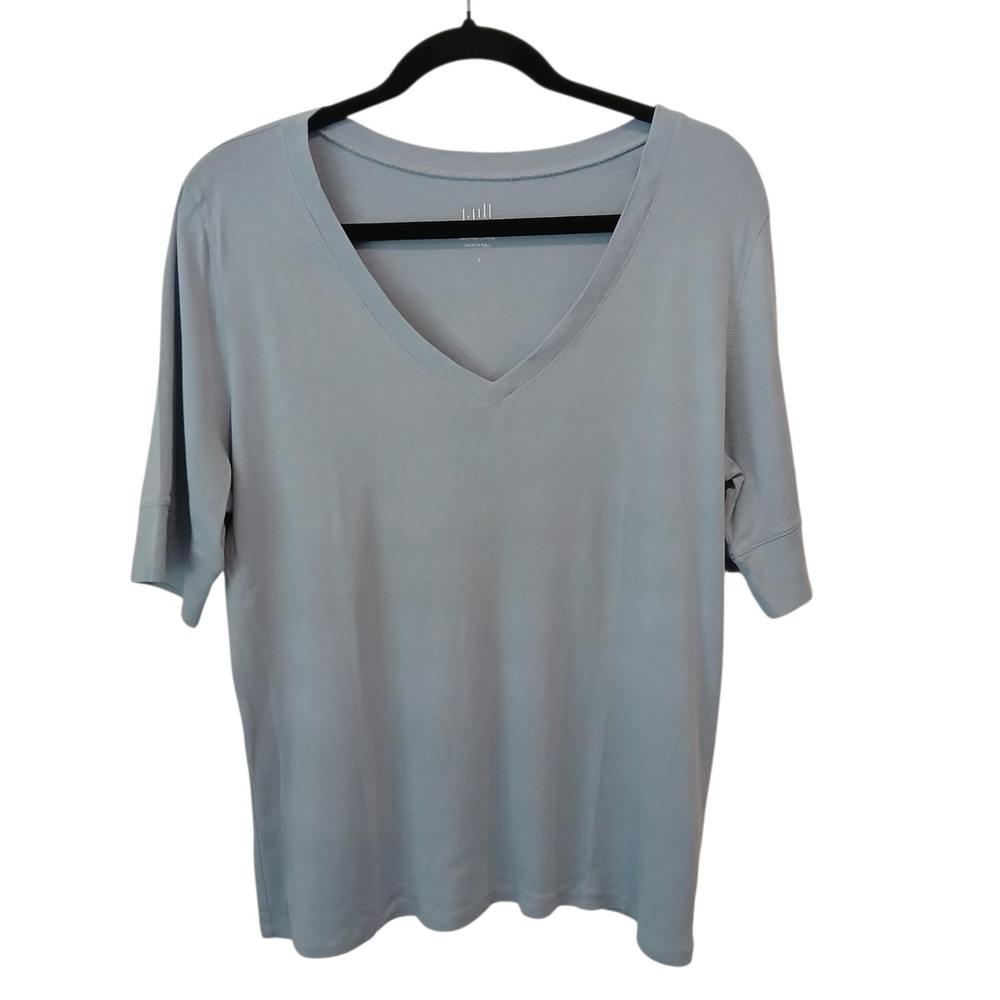 J.Jill Pima Cotton Light Blue Elbow Sleeve V-Neck Tee Large Travel Natural