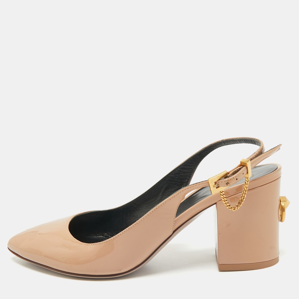 Valentino Beige Patent Leather Block Heel Slingback Sandals Size