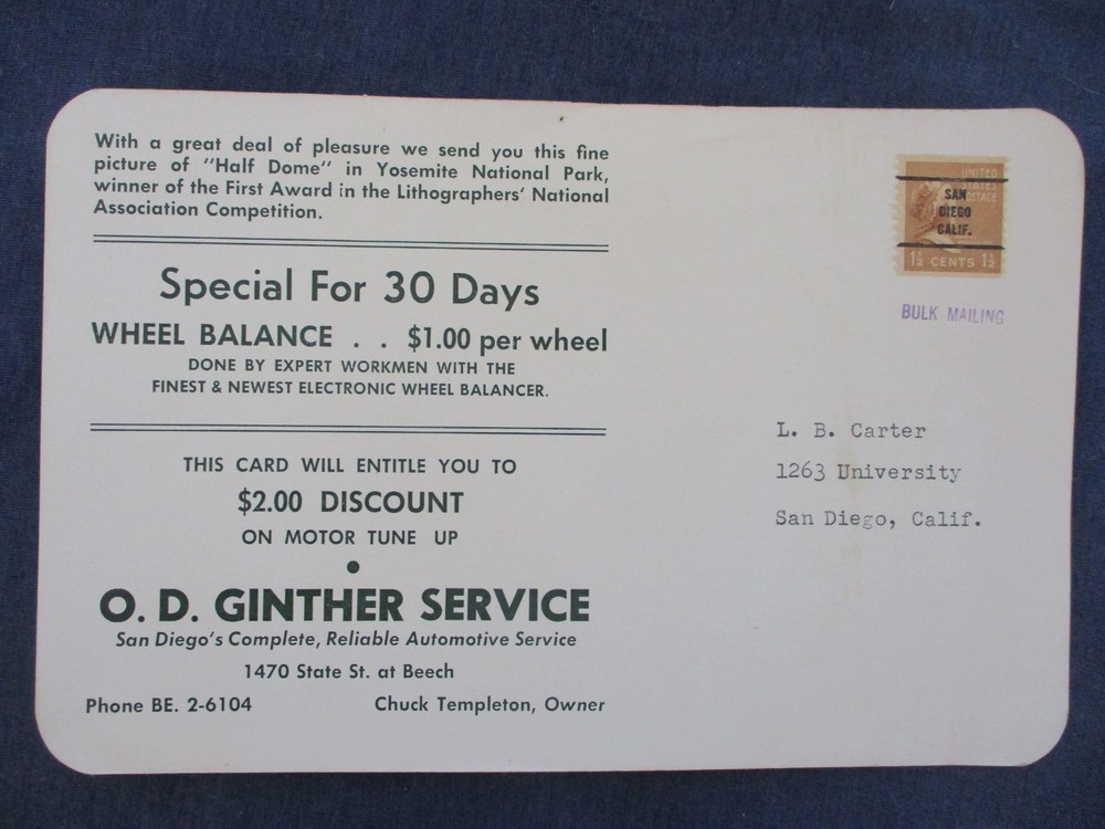 1 1/2c Prexie Pre-Cancel San Diego California Auto Service Ad Bulk Rate Postcard