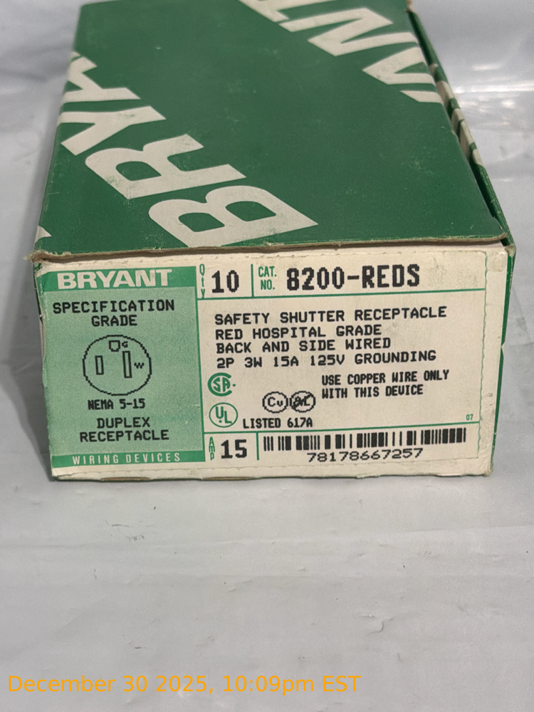 NEW Bryant 8200-Reds Safety Shutter Receptacle Red Hospital Grade Duplex 15 Amps