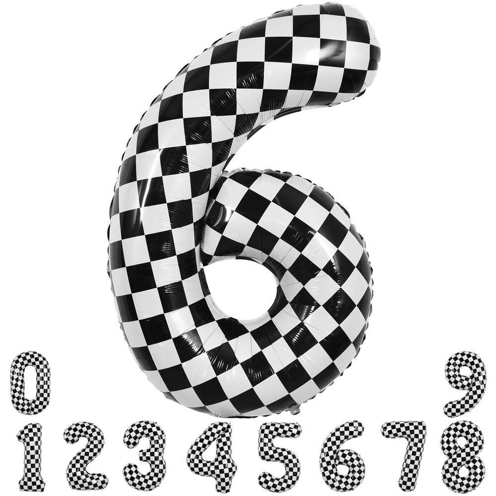 40 Inch Checkered Number 6 Balloon 6th Race Car Birthday Party Supplies Black...
