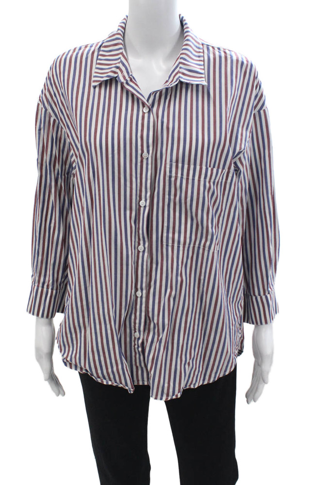 Stateside Women Striped Collared Cotton Button-Up Long Sleeve 90s Blue Size MFree Shipping in US $100+ Orders | $6.95 Orders Below
