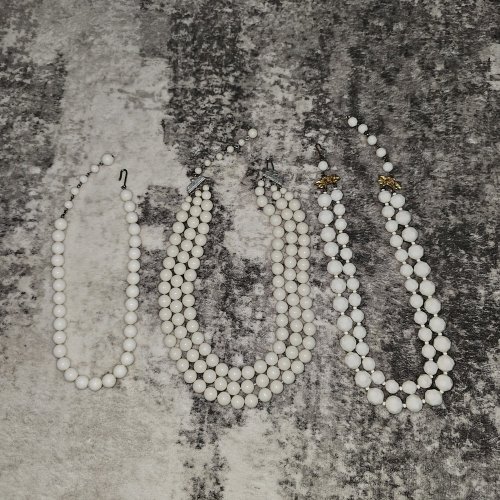 Lot Of 3 Vintage Milk Glass Beaded Necklaces With Hook Clasp (Japan)