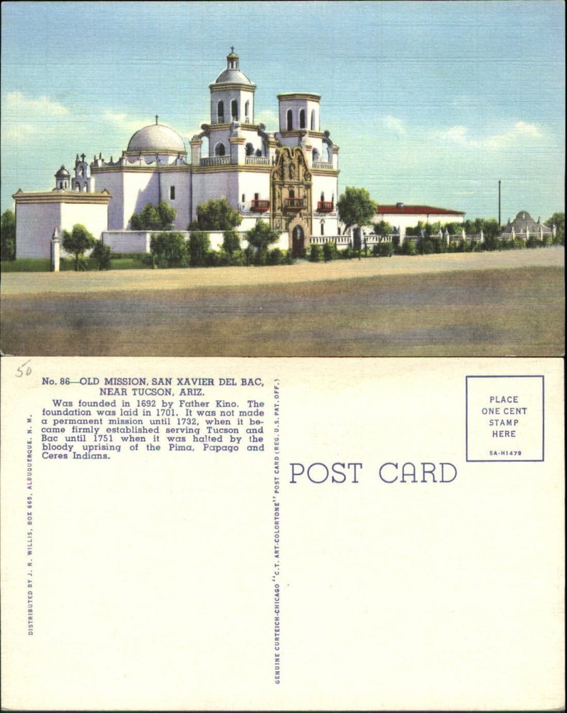 Mission San Xavier Del Bac near Tucson Arizona AZ 1940s vintage postcard