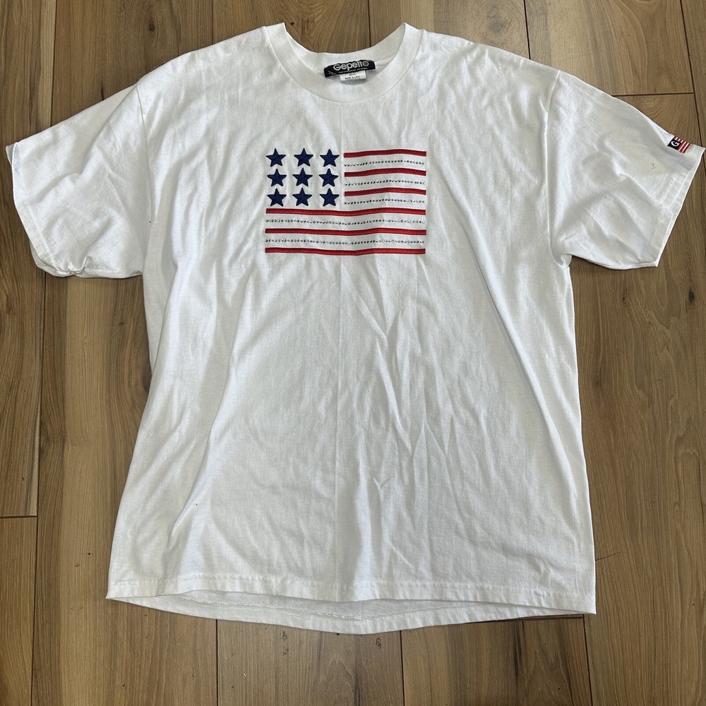 Gepetto Womens Medium M Short Sleeve Shirt Embroidered Patriotic Flag USA