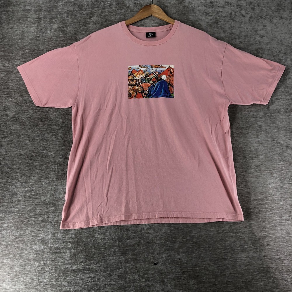 Stussy Men's Pink Graphic T-Shirt S/S Pullover Crewneck Size XL Logo Art