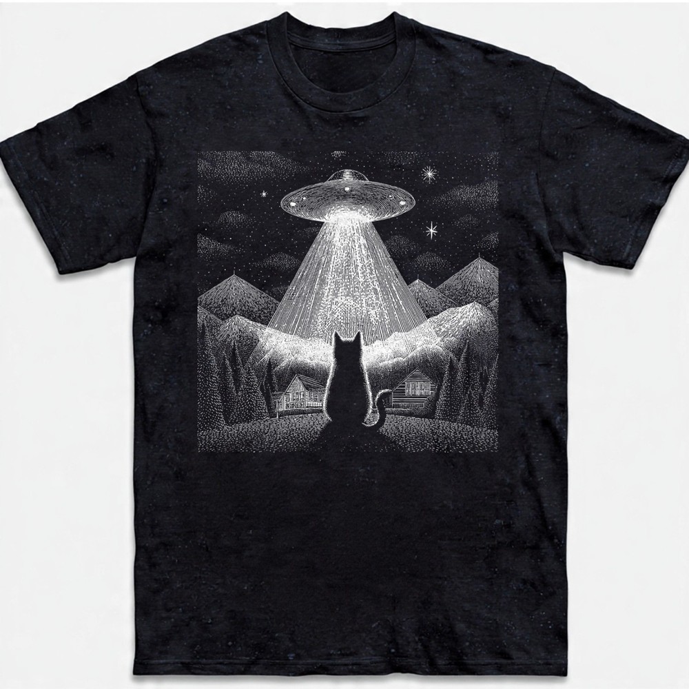 Alien Abduction T-Shirt Cat Watching UFO Mountains Funny Sci-Fi Graphic Tee