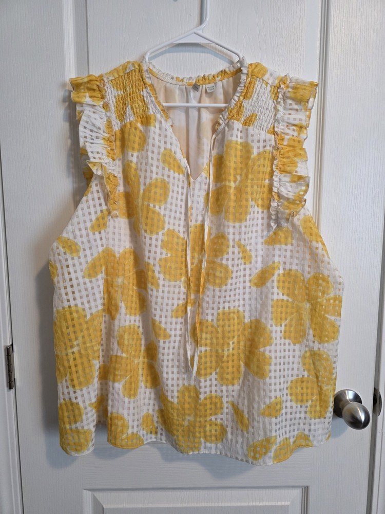 Cato Yellow Floral Ruffle Split Neck Sleeveless Blouse Plus Size 22/24W 092