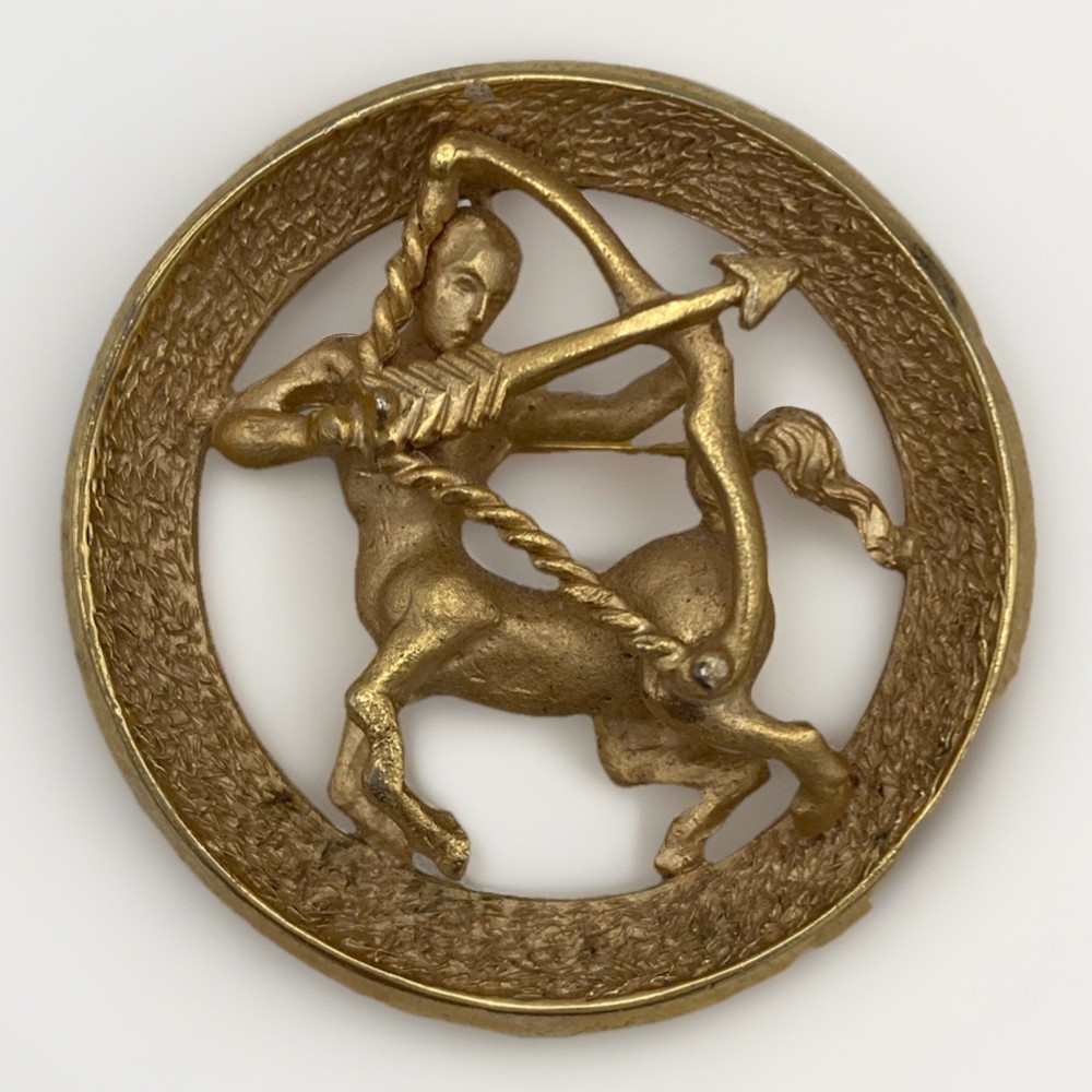 Vintage Crown Trifari Brooch Pin Sagittarius Zodiac Round Gold Tone