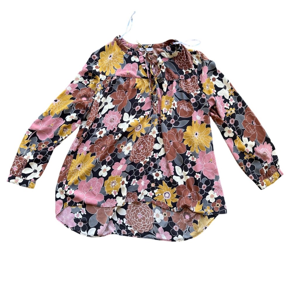 DR2 Floral Long Sleeve Blouse XXL Retro 70s Boho Keyhole Tie Neck High Low Top