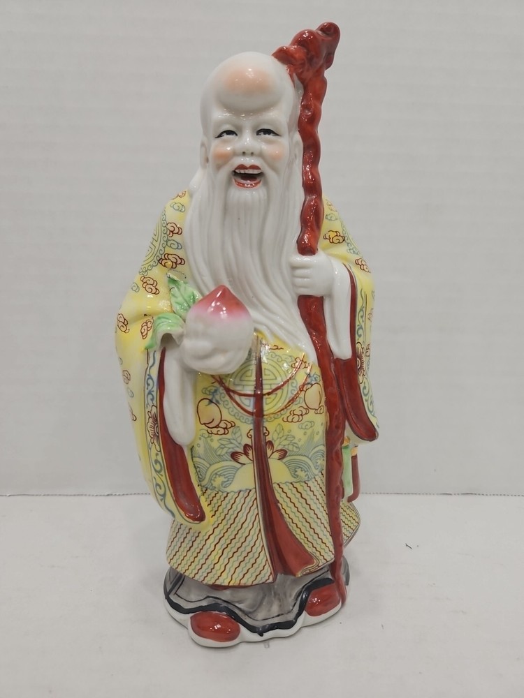 1940’s ANDREA BY SADEK Shou Xing Statue Chinese God of Longevity Peach & Staff