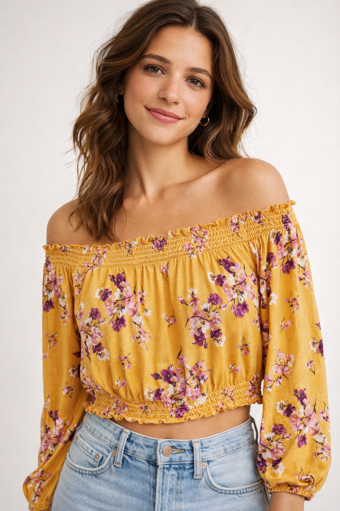 H&M Divided Yellow Floral Off Shoulder Smocked Boho Crop Top Long Sleeve Large