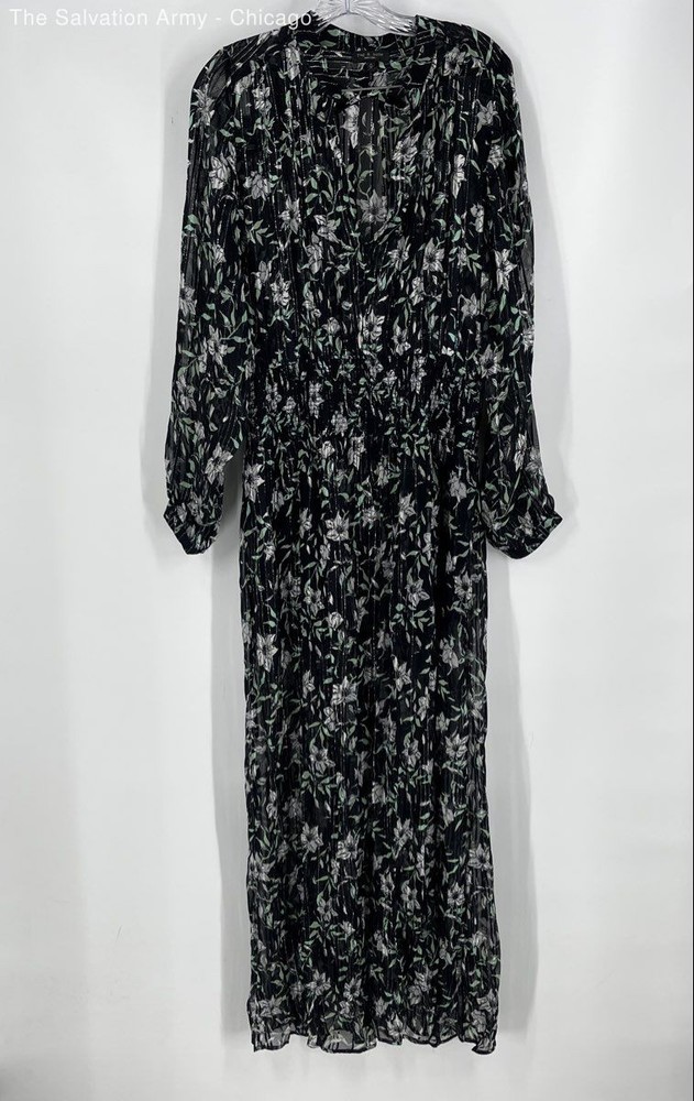 Rag & Bone Womens Black Green Floral Long Sleeve Smocked Maxi Dress Size M