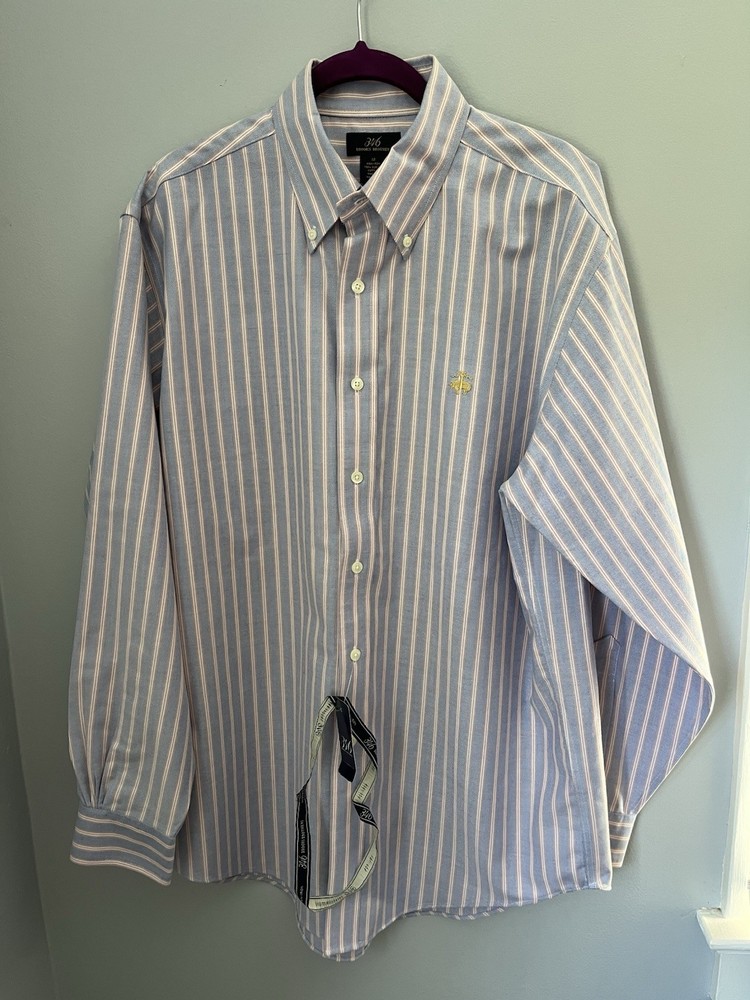 Brooks Brothers 346  Men's Shirt Button Down Size M Oxford Blue And Pink Striped