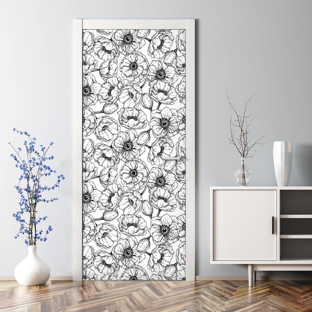 Black and white Floral Door Decal Nature Decor Garden  covering Self Adhesive