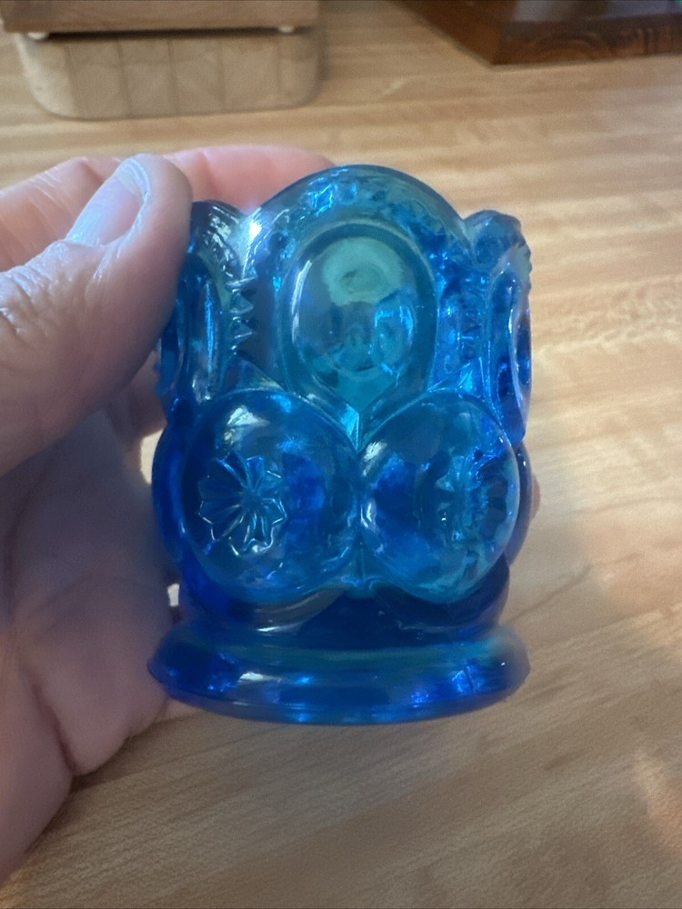 LE Smith Moon and Stars LIGHT BLUE Glass Toothpick Holder Scalloped