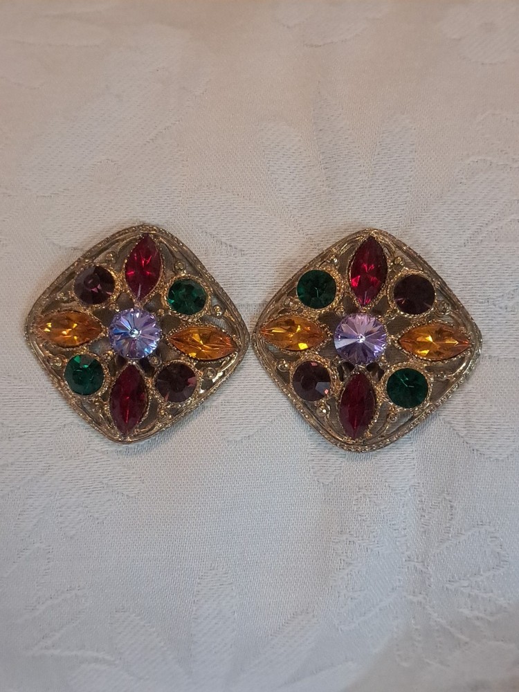 Vintage Rhinestone Clip On Earrings Brightly Colored Stones Large Statement