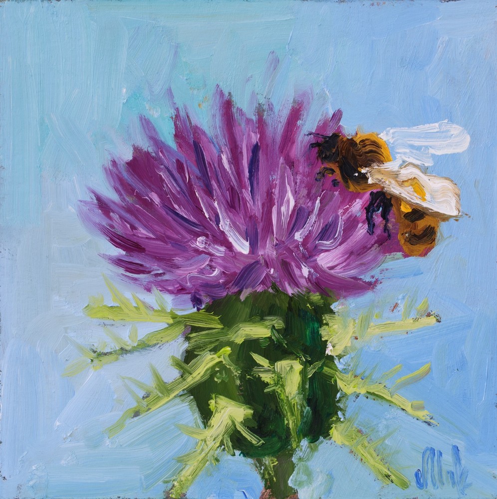 Honey Bee Oil Painting Thistle Original Wall Art BumbleBee Small Decor Burdock