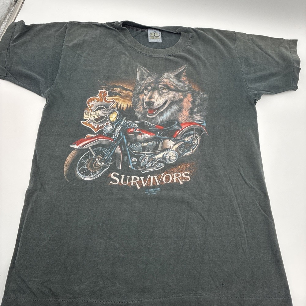 1989 Harley Davidson 3D Emblem Wolf Survivors Single Stitch Mens M Black USA