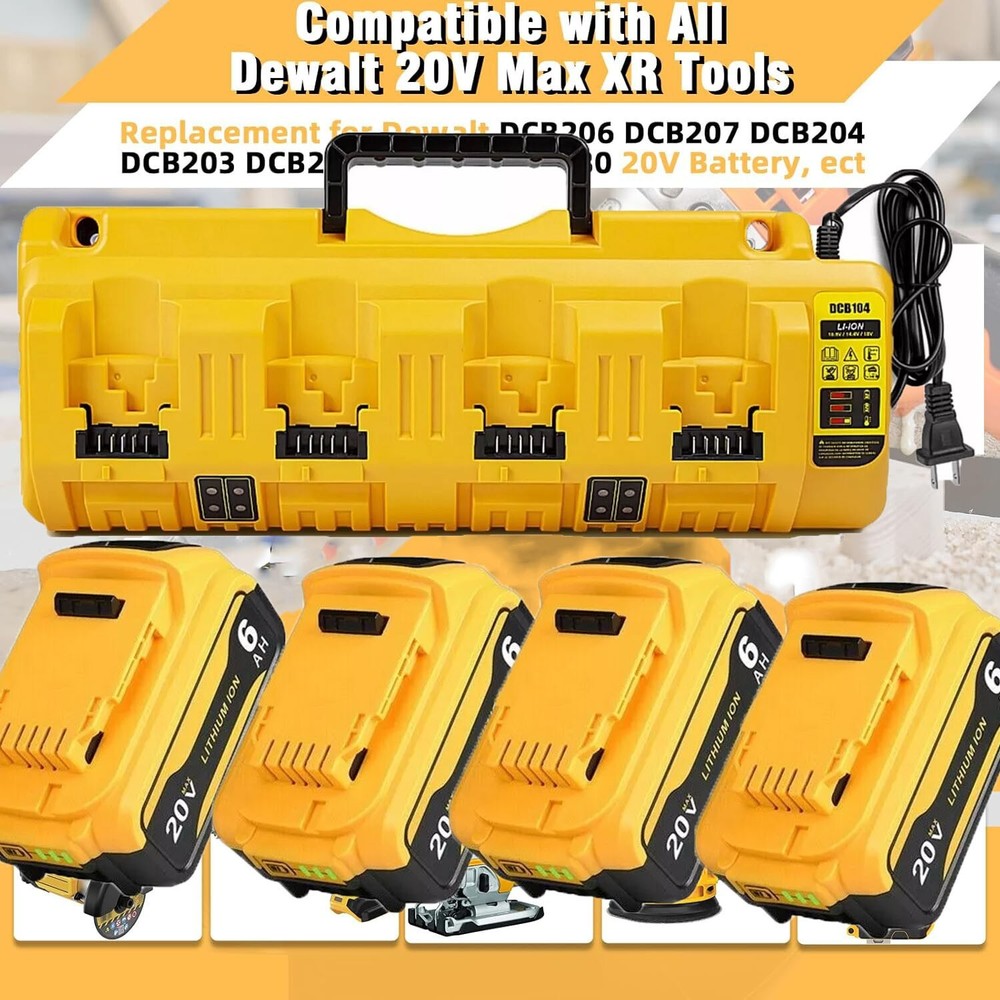 DEWALT DCB104 20V MAX Fast Charger with 2 or 4 DCB206 Batteries