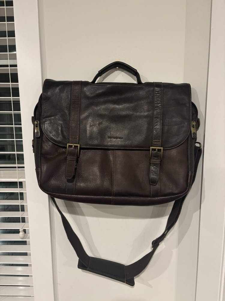 Samsonite Brown Leather Messenger Laptop Bag Shoulder Handbag Flapover Case Bag