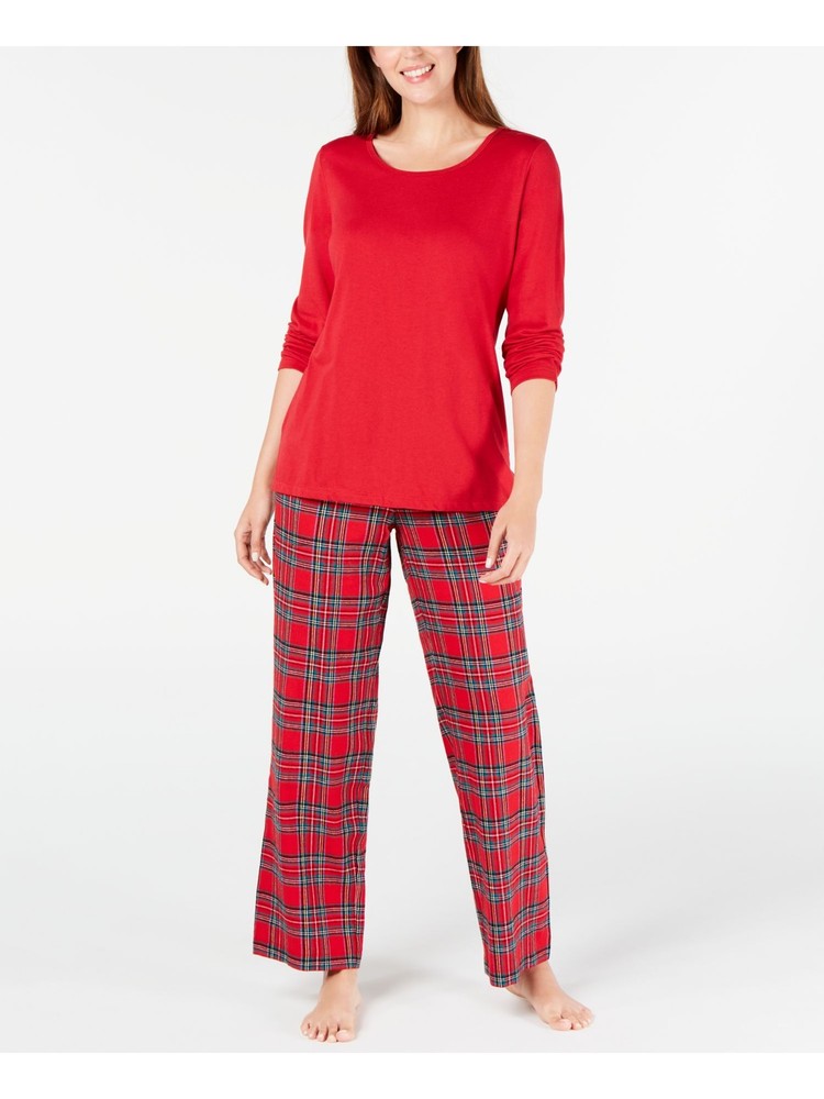Red Knit Pajama Set for Women - Comfy T-Shirt & Straight Leg Pants