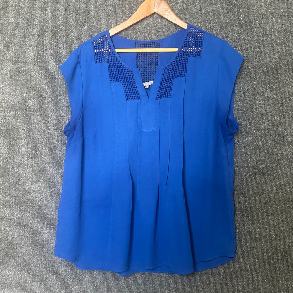 Daniel Rainn Blue Cap Sleeve V-Neck Crochet Detail Pleated Top Women XL