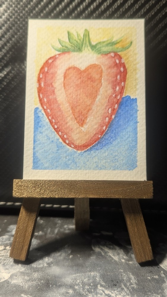 ACEO Original Watercolor Strawberry Heart Shana Blake Signed